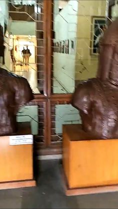 two large brown sculptures sitting in front of a mirror