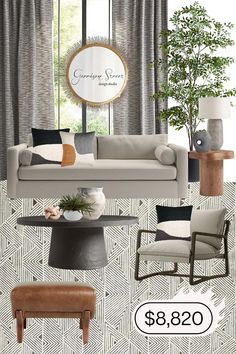 the living room is decorated in neutrals and browns, with modern touches to it