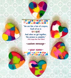 four heart shaped magnets with a poem written on one side and five hearts in the middle