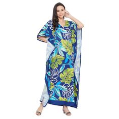 100% Polyester Pull-On Closure Material: 100% Polyester Pattern: Leaf Print Size: Fits Perfectly To Us Plus Size 1x To 3x Color: Blue & Green Length: 52 Inches Sleeve Style: Kimono 3/4 Sleeve Neck Style: V-Neckline Model: Sg152-8356 Care Instruction: Hand Wash/Machine Wash Uses: Wedding Gowns, African Dresses, Caftan Dresses, Tunic Tops, Bohemian Dresses, Medieval Dresses, Robes, Kaftan, Boho Dresses, Poncho, Christmas Gifts, Beaches, Summer Dresses, Night Gowns, Sundress, Full Length Dresses, P Blue Hawaiian V-neck Dress, Tropical Blue Kaftan For Beach Cover-up, Blue V-neck Free Size Maxi Dress, Blue Printed Maxi Dress For Beachwear, Blue Tropical Kaftan For Vacation, Tropical Blue Kaftan For Vacation, Tropical Blue Maxi Dress For Beach, Blue Tropical Maxi Dress For Vacation, Tropical Blue Maxi Dress For Vacation