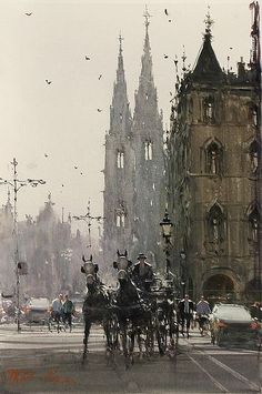 the horse drawn carriage is traveling down the street in front of an old building with many spires