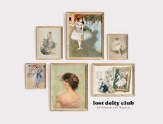 six framed paintings of women in various styles and colors with the words lost ugly club on them