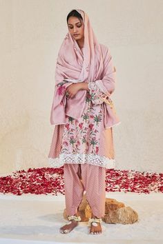 Shop for Sage Saga Pink Lawn Cotton Mahgul Printed Kalidar Kurta Salwar Set for Women Online at Aza Fashions Floral Lawn, Best Summer Dresses, Fashion App, Hand Work, Online Dress Shopping, Set For Women, Pink Print, Aza Fashion, Stripe Print