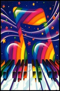 an image of a piano keyboard with stars and rainbows in the sky above it