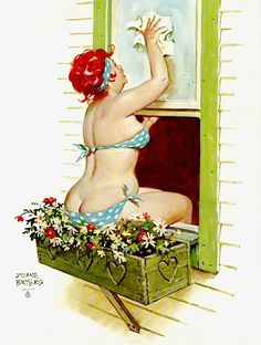 a painting of a woman in a bathing suit sitting on a window sill with flowers