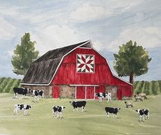 a painting of cows grazing in front of a barn