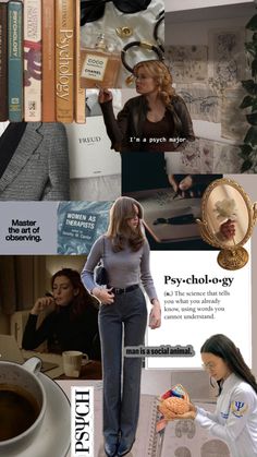 a collage of photos with women and books on them, including coffee mugs