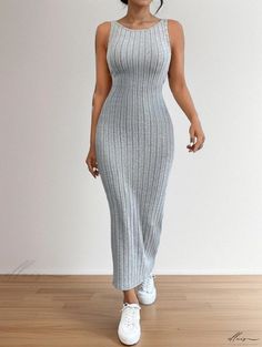 Elluis - Sleeveless Cami Maxi Dress with Sexy Bodycon Fit and Waist Cinching - Knitted Midi Dress Sheer Mesh Bodycon Dress, Knitted Midi Dress, Sheer Wedding Dress, Bodycon Sweater Dress, Strappy Maxi Dress, Knitted Design, Cami Maxi Dress, Grey Midi Dress, Spaghetti Strap Maxi Dress