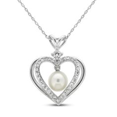 This beautiful necklace for her features a double heart pendant set in sterling silver. The inner heart is traced in sparkling white lab-created sapphires, and a classic freshwater cultured pearl sits at the pendant's center. The pendant sways from an 18-inch cable chain and secures with a lobster clasp. Elegant Formal Heart Necklace With Birthstone, Classic Mother's Day Necklaces With Diamond Accents, Elegant White Open Heart Necklace, Elegant White Gold Heart Necklace With Birthstone, Formal White Double Heart Necklace, White Open Heart Necklace With Diamond Accents, Elegant White Double Heart Necklace, Classic White Heart Pendant Necklace, Elegant Heart Necklace With Diamond Accents For Mother's Day