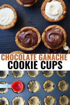 chocolate ganache cookie cups with white frosting on top and an image of cupcakes in the background