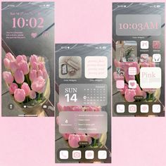 three pictures of pink tulips in a vase with the time displayed on them