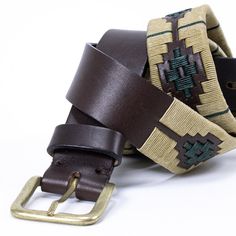 the belt is brown and tan with green accents