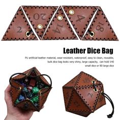 the leather dice bag is open and ready to be filled with different types of dice