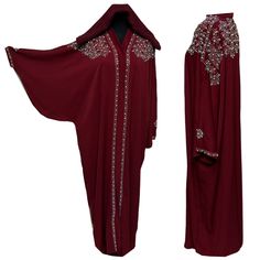 Women's Burgundy Open Front Luxury Abaya Burka Jilbab. As a result, comes in original plastic wrap with Hijab included. Beautiful material with a premium feel. Exclusive new design Abaya.      Fabric: zoom  style batwing   colour - burgundy   Suitable for easy iron.   Do not tumble dry.  Abayas are known by many name such as modest Islamic clothing, jilbab, jalabiya Arab rob, long dress, Muslim clothing, Kimonos turkey abaya, Dubai abaya, plain abaya, prayer abaya, hijab . However, they serve th Abaya Fabric, Luxury Abaya, Habits Musulmans, Design Abaya, Dubai Abaya, Muslim Outfits, Islamic Clothing, Plastic Wrap, Kimonos