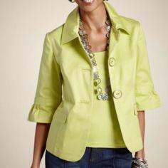 Chico’s Women’s Elegant Power Princeton Soft Lime Button Jacket Brand New With Tags 4 Large Buttons 2 None Functional Pockets 3/4 Quarter Sleeves Ruffle Bell Sleeves Chico’s Size 3 =Large 98% Cotton 2% Spandex Machine Washable Measurements - Bust: 22 -Sleeves: 15 -Length: 24 Lime Green Skirt, Mandarin Collar Jacket, High Collar Jacket, Animal Print Blazer, Black White Blazer, Orange Blazer, Cobbler Recipe, Metallic Jacket, Drape Jacket