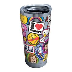 i love snoopy stainless steel tumbler cup with colorful stickers on the side