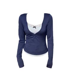 Fitted Blue Tops With Contrast Color, Cotton Long Sleeve Tops With Fake Two-piece Detail, Fitted Tops With Contrast Color For Layering, Blue Stretch Tops With Patchwork, Blue Stretch Patchwork Tops, Stretch Tops With Contrast Color For Layering, Stretch Patchwork Tops For Layering, Fitted Cotton Top With Splicing Detail, Cotton Tops With Contrast Color For Layering