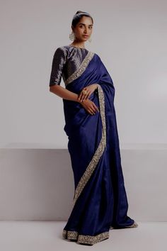 Blue saree featuring bead embroidered floral border on an woven base. Comes with kadhwa woven floral blouse and petticoat. - Aza Fashions Formal Saree Blouse Piece Embroidered, Formal Embroidered Saree Blouse Piece, Traditional Saree With Intricate Embroidery For Formal Occasions, Traditional Formal Saree With Intricate Embroidery, Elegant Unstitched Royal Blue Traditional Wear, Formal Traditional Wear With Embroidered Border For Diwali, Elegant Royal Blue Unstitched Traditional Wear, Formal Unstitched Saree With Intricate Embroidery, Formal Saree Blouse Piece With Intricate Embroidery