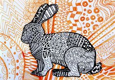 a drawing of a rabbit sitting in front of an orange and white background with swirls