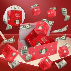 an open red gift box with money falling out of it on a red background,