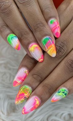 @nailsbytim6 Wilderness Nails, Fruit Acrylic Nails, 80s Nail Art, Short Neon Nails, Acrylic Nails Summer, Summer Nails Designs, Girls Nail Designs, Colors Nails