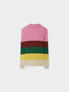 This Ribbed Striped Polo Sweater in Sunset Stripe is a must-have. Featuring a unique ribbed design and classic striped pattern, this sweater is the perfect blend of style and comfort. Striped Long Sleeve Ribbed Sweater, Casual Striped Ribbed Cardigan, Striped Color Block Tops For Winter, Multicolor Ribbed Sweater For Spring, Multicolor Ribbed Collar Sweater For Fall, Striped Color Block Sweater For Layering, Spring Striped Sweater With Ribbed Collar, Striped Turtleneck Sweater For Layering, Winter Multicolor Striped Sweater