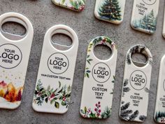 several bottle openers sitting on top of a cement floor next to each other with christmas designs