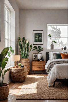 Nightstand with books, plants, and decorative accents Eclectic Bedroom Nightstands, Nightstand Plant Decor, Principal Bedroom Ideas, Feng Shui Bedroom Nightstand, Men’s Bedside Table Decor, Bedroom Ideas Grey Bed, Men’s Nightstand Decor, Bedroom Nightstand Decor Ideas, Bedroom Nightstand Decor