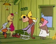 three cartoon characters standing in front of a window and one is sitting on a rocking chair