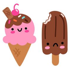 two ice cream cones with faces drawn on them, one is pink and the other is chocolate