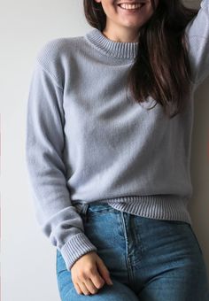 This sweater is so versatile that can be worn with any of your off-duty staples, as well as a part of your everyday wardrobe. Finely knitted from Italian Merino wool that feels soft against your skin, it has a slightly relaxed fit, classic crew neck and rolled sleeves. - Italian merino wool - Slips on - 100% wool - Dry clean - Size S Please Check out Our Knitted Sweater Collection https://www.etsy.com/listing/563044913/silk-and-baby-alpaca-long-sweater https://www.etsy.com/listing/546574970/moha Grey Blue Sweater Outfit, Everyday Winter Turtleneck Sweater, Solid Everyday Winter Sweater, Winter Solid Color Everyday Sweater, Winter Everyday Sweater, Winter Cotton Polo Sweater, Classic Gray Sweater For Everyday, Classic Gray Everyday Sweater, Basic Solid Sweater For Winter