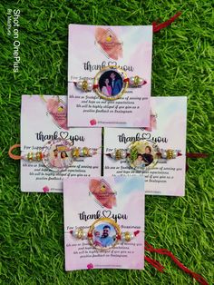 three thank cards on the grass with an image of a woman and her child in them