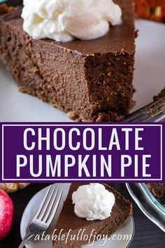 a slice of chocolate pumpkin pie on a plate with whipped cream and an apple in the background