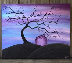 an acrylic painting of a tree with a rock in the foreground and a purple sky behind it