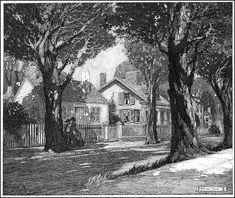 an old black and white drawing of a house with trees in the foreground,