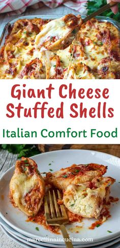 a white plate topped with cheesy stuffed shells