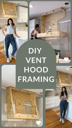 a collage of photos showing how to build a vend hood framing system for kitchen cabinets