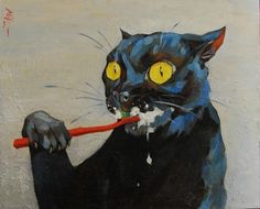 a painting of a black cat with yellow eyes holding a red stick in it's mouth