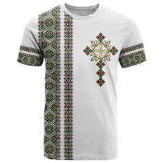 a white t - shirt with an ornate cross design on the front and side, all over