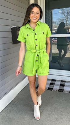 Rompers & Jumpsuits // Show off your gorgeous style wearing this lime green green short sleeves button down belted romper. Rachel Zoe, Lime Green