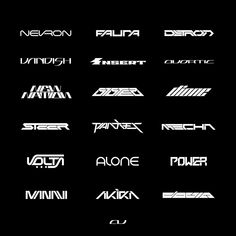 several different types of logos on a black background, all in white and grey colors