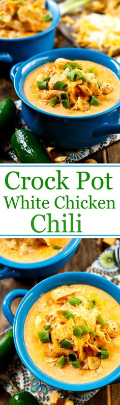 crock pot white chicken chili in blue bowls with green peppers and jalapenos