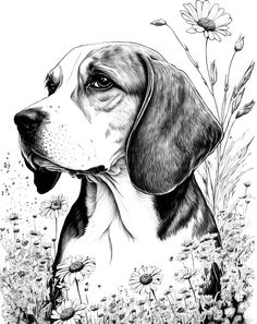 a black and white drawing of a dog sitting in the grass with daisies around it