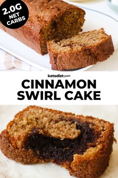 two photos with the words cinnamon swirl cake on them and one has a bite taken out of it