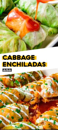 cabbage enchiladas in a white casserole dish with sauce drizzled on top