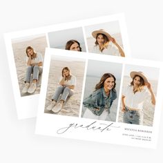 the graduation announcement card features four photos of women in white shirts and jeans, one is wearing