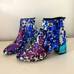 Size 7 Us / Size 5 Uk Never Worn Multicolor Round Toe Boots For Party, Multicolor Winter Party Boots, Casual Glitter Boots For Party, Casual Glitter Party Boots, Multicolor Closed Toe Boots For Party, Purple Ankle Boots For Spring, Blue Heels For Winter Party, Casual Party Booties With Block Heel, Casual Booties With Block Heel For Party