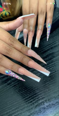 Long French Tip Bling Nails, Long Acrylic Nails Dramatic, Extra Long Coffin Acrylic Nails, Baddie Birthday Nails Long White, Exotic Prom Nails, White Freestyle Nails Acrylic, Birthday Nail Ideas Acrylic Long, Birthday Nails Square Long, Long Acrylic Nails With Rhinestones