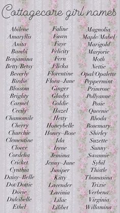 Cottagecore Baby name list Aesthetic Last Names For Characters, Celebrity Name Ideas, Princess Last Names, Pretty Feminine Names, Cottagecore Pet Names, Cute Names For Characters, Feminine Last Names, Cute Fairy Names, Cottagecore Cat Names