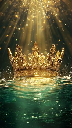 a golden crown floating in the ocean with sunlight streaming through it's backround